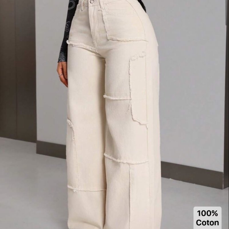 PETITE Pantalon En Denim Patchwork Coupe Ample Pour Femme Avec Décoration En Polaire