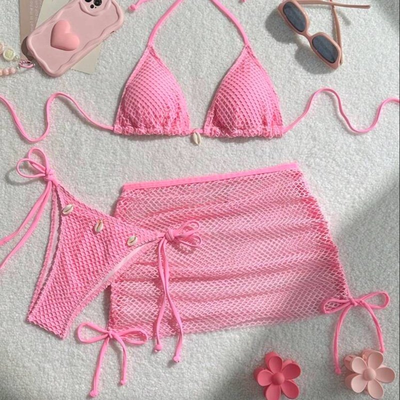 Swim Mod 3 pièces/set Femmes Top de bikini à col ras-du-cou et dos noué en couleur unie, bas de maillot de bain et jupe maillot de bain, ensemble pour l'été