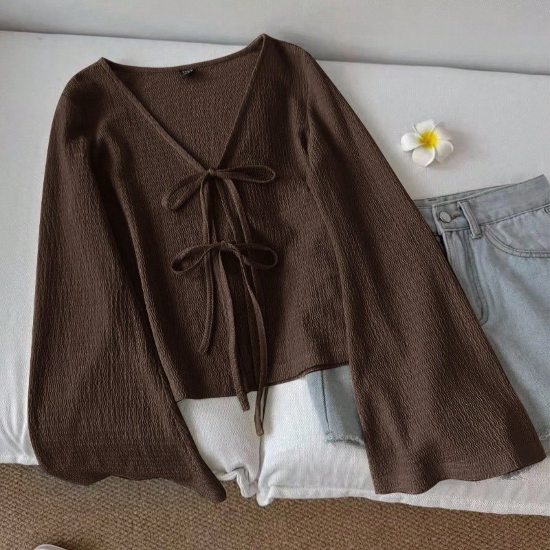 SHEIN LUNE Femmes Blouse décontractée à manches évasées avec torsion devant, col V couleur unie