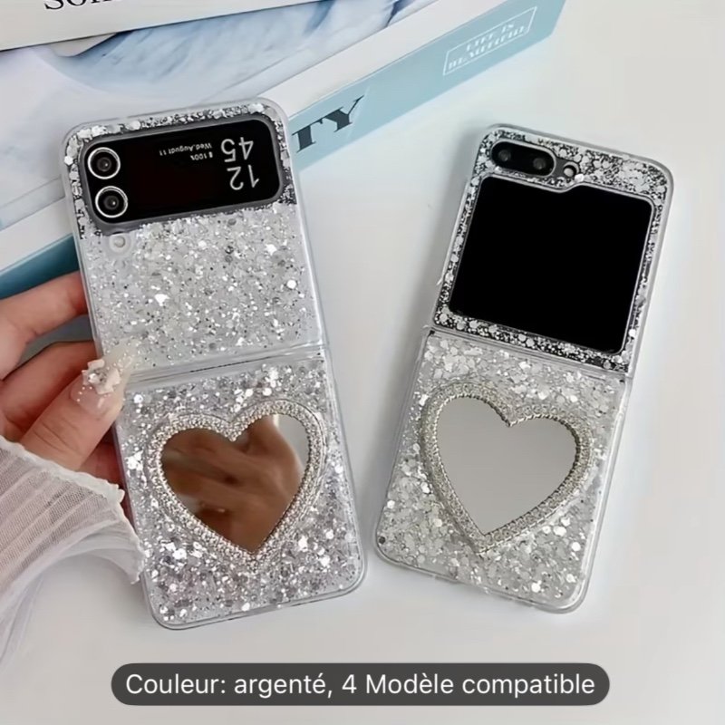 Étui téléphone : INS Miroir Maquillage Cœur Strass Paillettes Époxy Pliable pour for Flip 6 5 4 3 - Coque Protectrice -Choc Bling Coréen