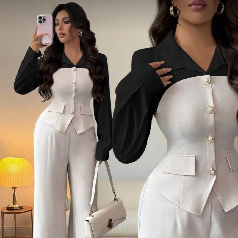 SHEIN Elenzya New Arrival Autumn Casual Chic Commuting Elegant Suit, 2 In 1 Pearl Button Collar Splice Waist Slimming Slit Long Sleeve Shirt + Elastic Waist Wide Leg Pants
