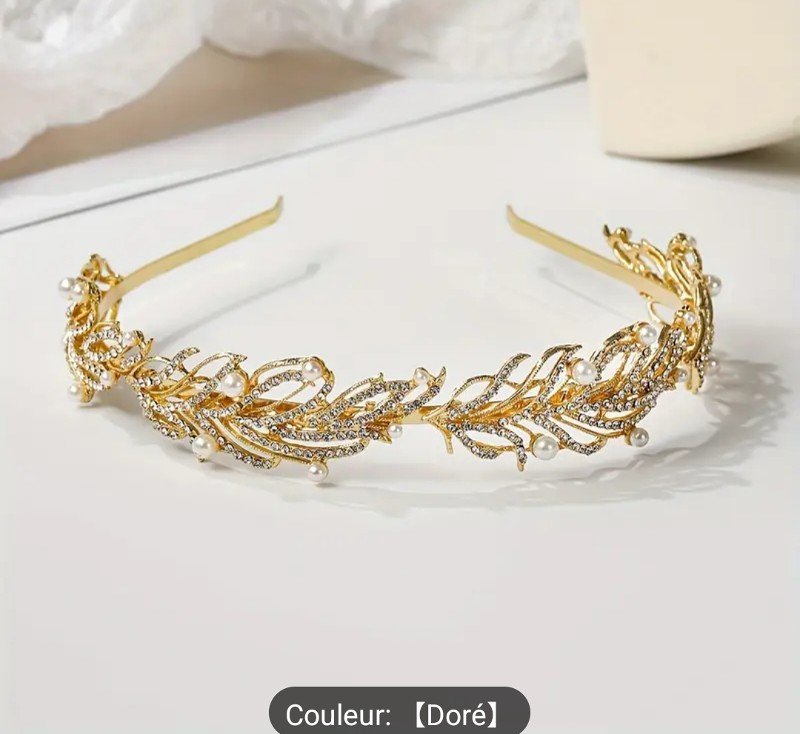 Serre-tête de princesse luxueux doré avec strass et perles d'imitation on peut  mettre aussi sur le voile