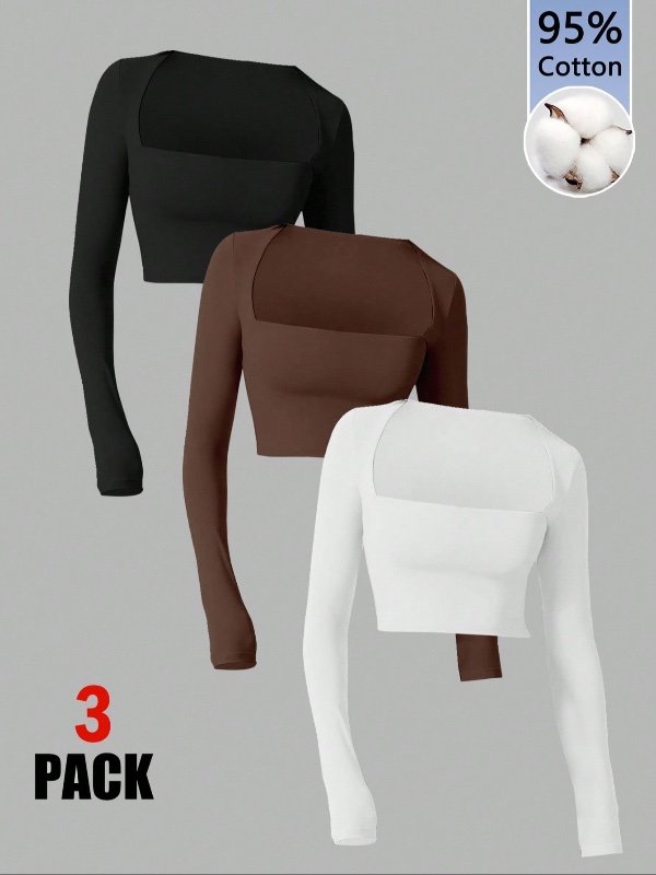 Tseoso 3 pièces T-shirts à manches longues à col carré