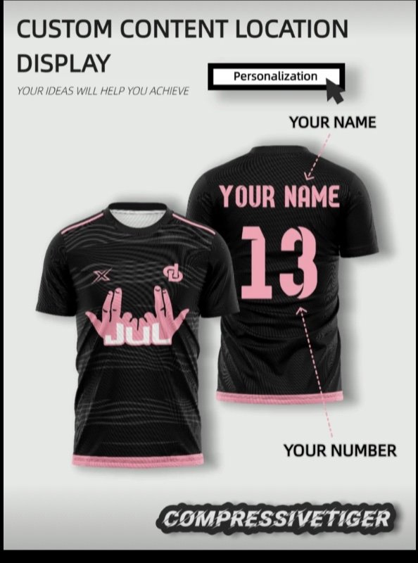 1 pièce Maillot de football personnalisé thème JUL noir et rose
