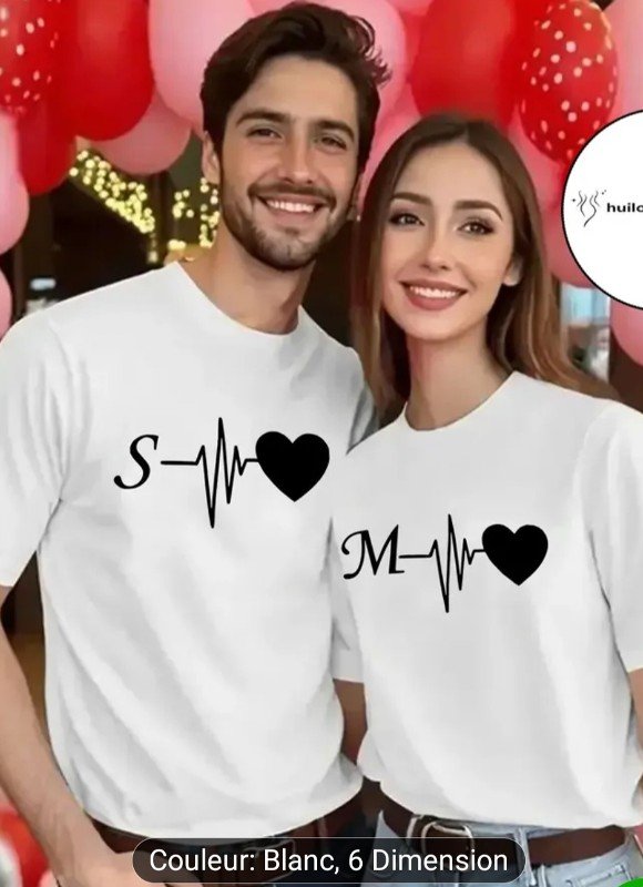 Tenue de Couple, Nouveau Couple Imprimé Cœur Électrocardiogramme, T-shirt Décontracté Printemps-Été Col Rond Manches Courtes