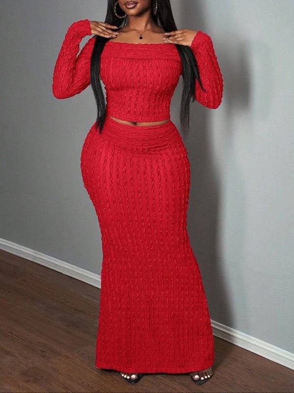 Slaydiva Ensemble 2 pièces élégant pour soirée, Top à épaules dénudées et manches longues et jupe pour femmes