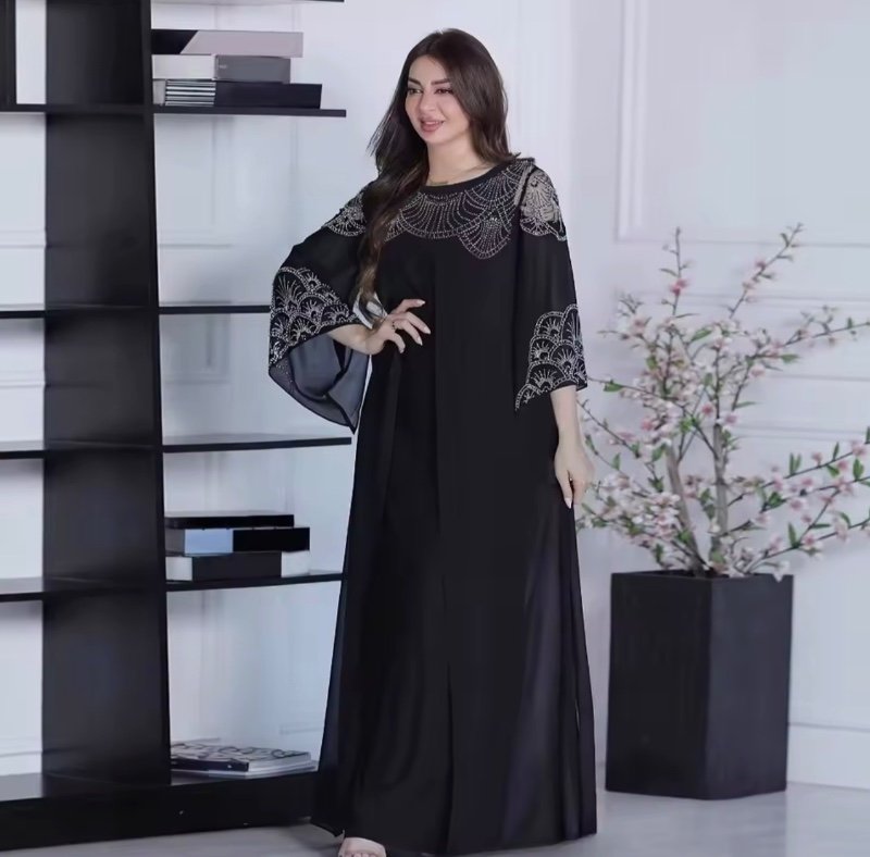 Ensemble de robe de fête pour femmes, 2 pièces, Abaya musulmane, Jalabiya, robe longue, Ramadan, strass, Maroc, Dubaï, Kaftan, Vestidos