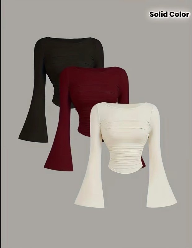 Ensemble de 3 hauts à manches cloche de couleur unie tendance automne-hiver 2025 pour femmes