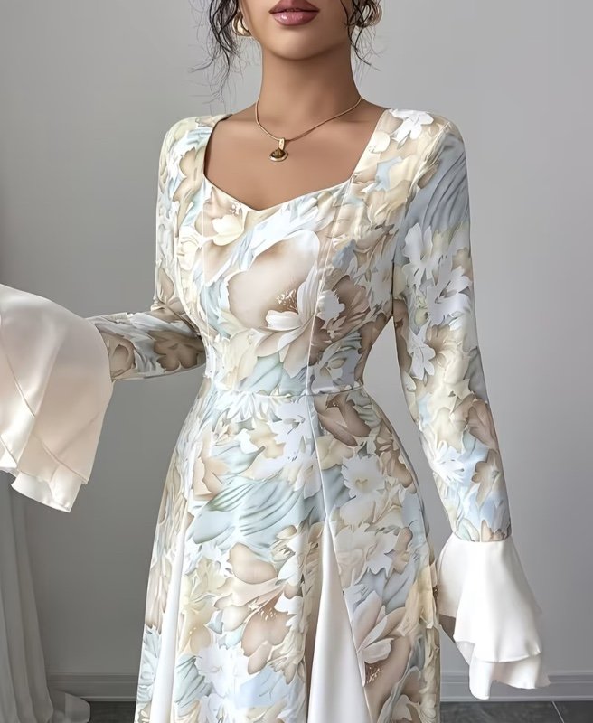 Robe longue à col carré et manches cloche avec des motifs