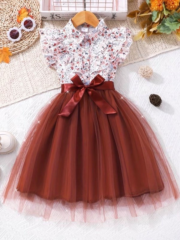 Nouvelle Robe d'Été Sans Manches pour Filles avec Col Patchwork Floral et Ruban en Maille, Style INS, Robe Décontractée