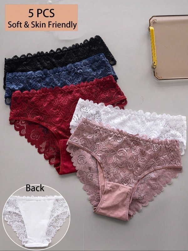 5 pièces Lingerie de femme Triangle en dentelle de couleur unie