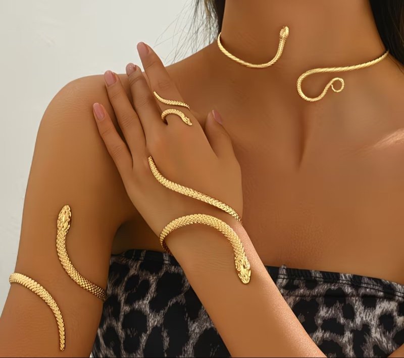 Lot de 4 bijoux élégants serpent, bracelet, bangle, collier et ba