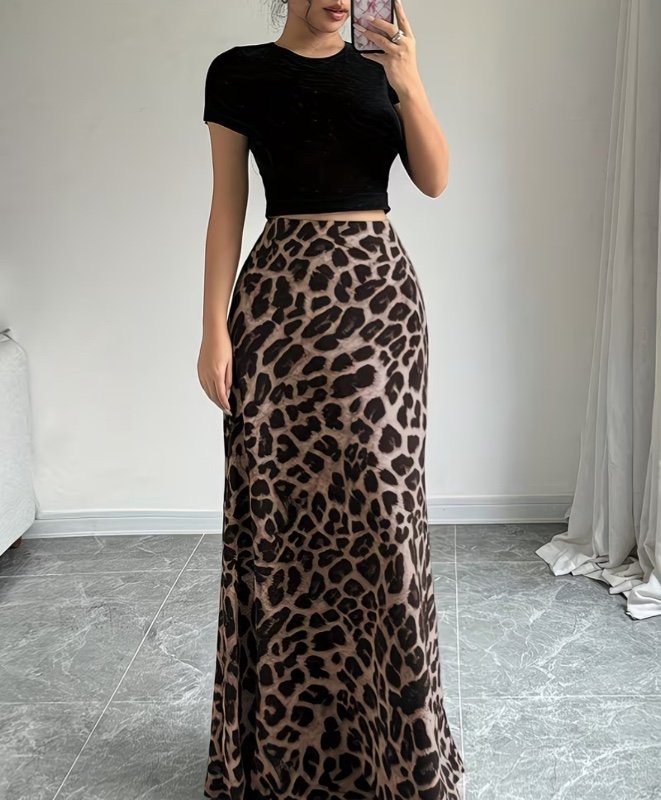 Jupe mi-longue élégante à imprimé léopard pour femme