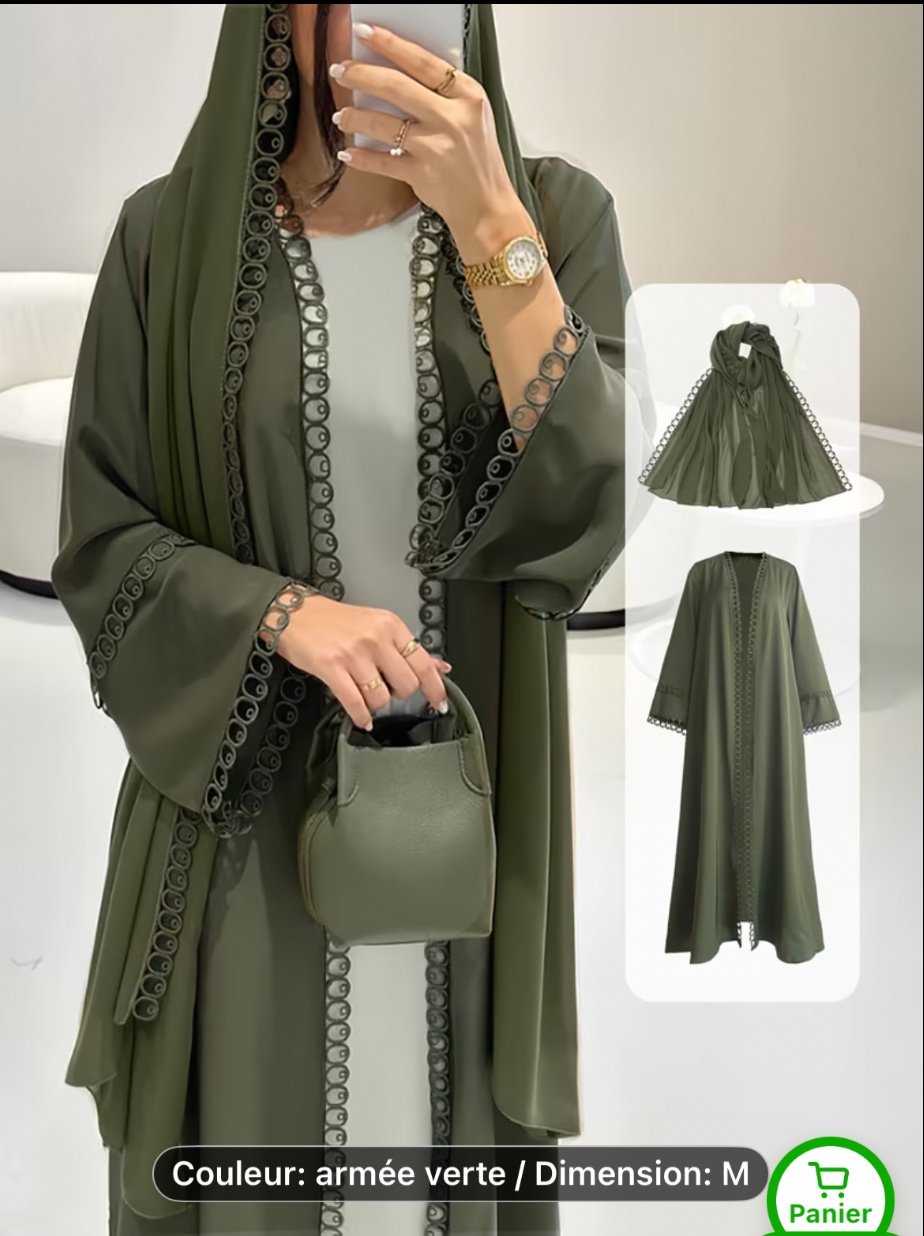 Ensemble Abaya Ouvert avec Bordure en Dentelle & Foulard en Mousseline - Léger, Modeste & Respire