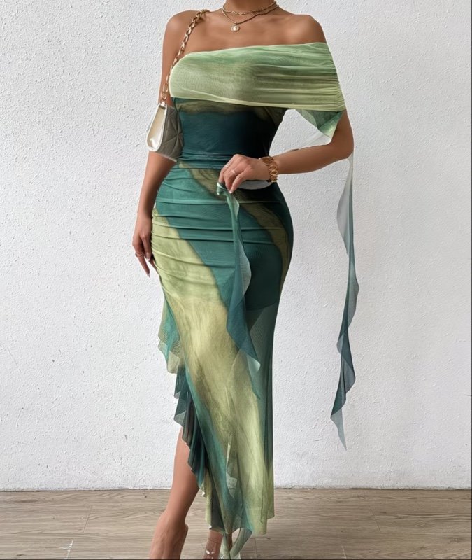 Robe Bodycon Longue à Bretelle Unique avec Plis, Volants