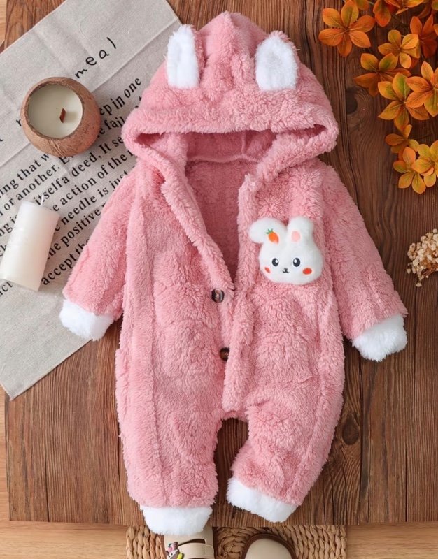 Combinaison Polaire à Capuche avec Oreilles de Lapin Jacquard Unie pour Filles