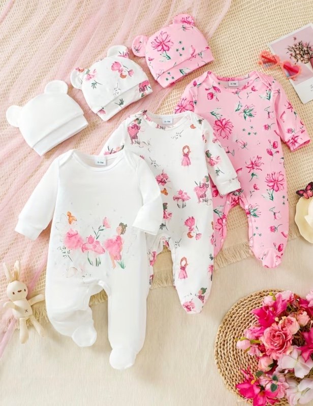 Barboteuse à Manches Longues pour Nouveau-né, Body Imprimé Fée Florale avec Boutons et Bonnet Lapin 6pcs pour Filles