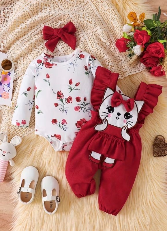Ensemble 3 pièces pour filles : Barboteuse à manches longues imprimée florale + Salopette imprimée chaton + Foulard