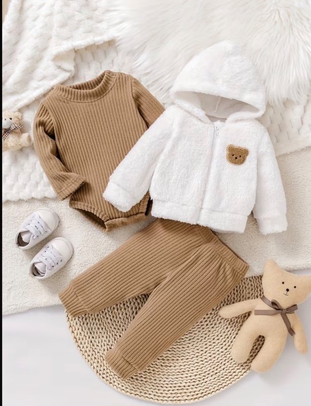 Nouveau Ensemble Trois Pièces Mignon Automne-Hiver pour Bébés Garçons et Filles : Veste Ours en Peluche + Body Côtelé + Pantalon Long, Idéal pour l'Extérieur