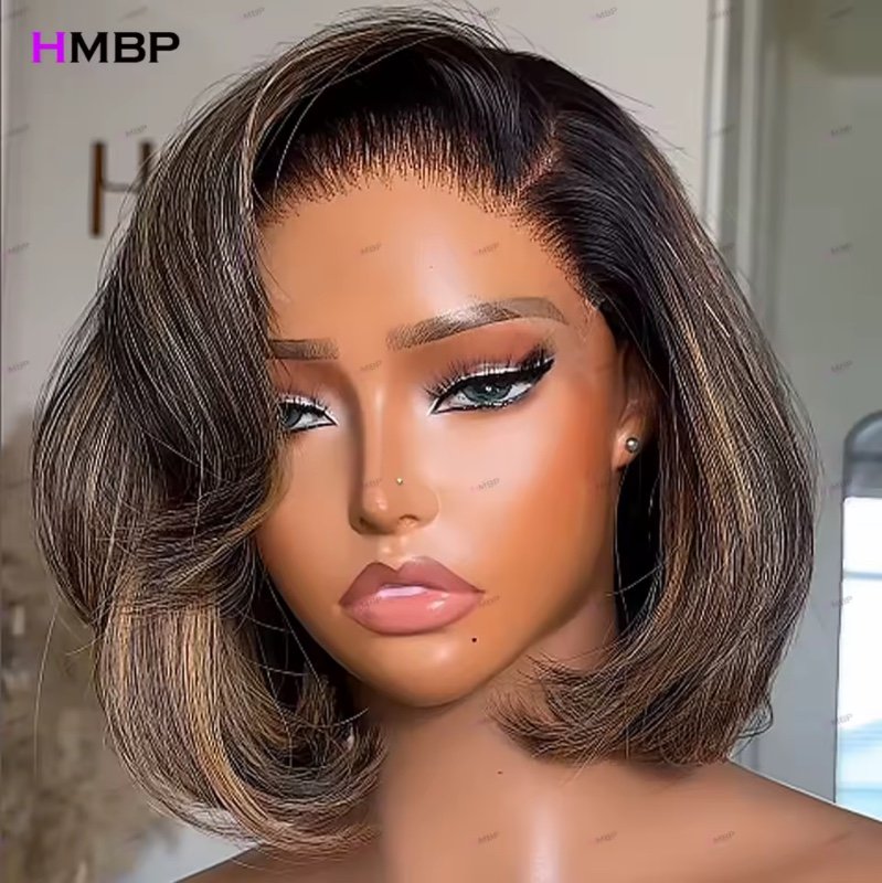 Perruque Bob Lace Frontal Wig naturelle sans colle, cheveux lisses, Super Double tirage, 13x6 HD, 8 pouces