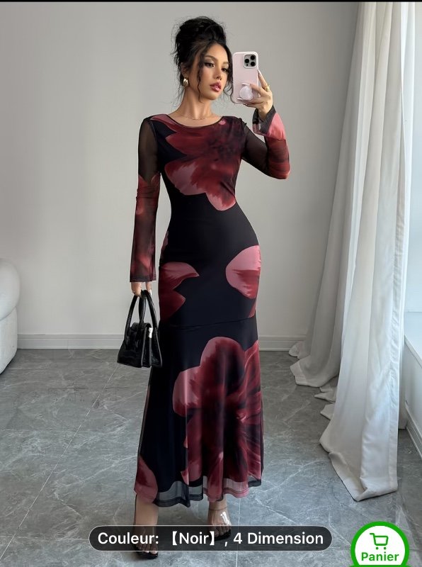 Robe longue sirène à la mode en maille à fleurs roses avec dos nu, bretelles nouées, coupe ajustée et