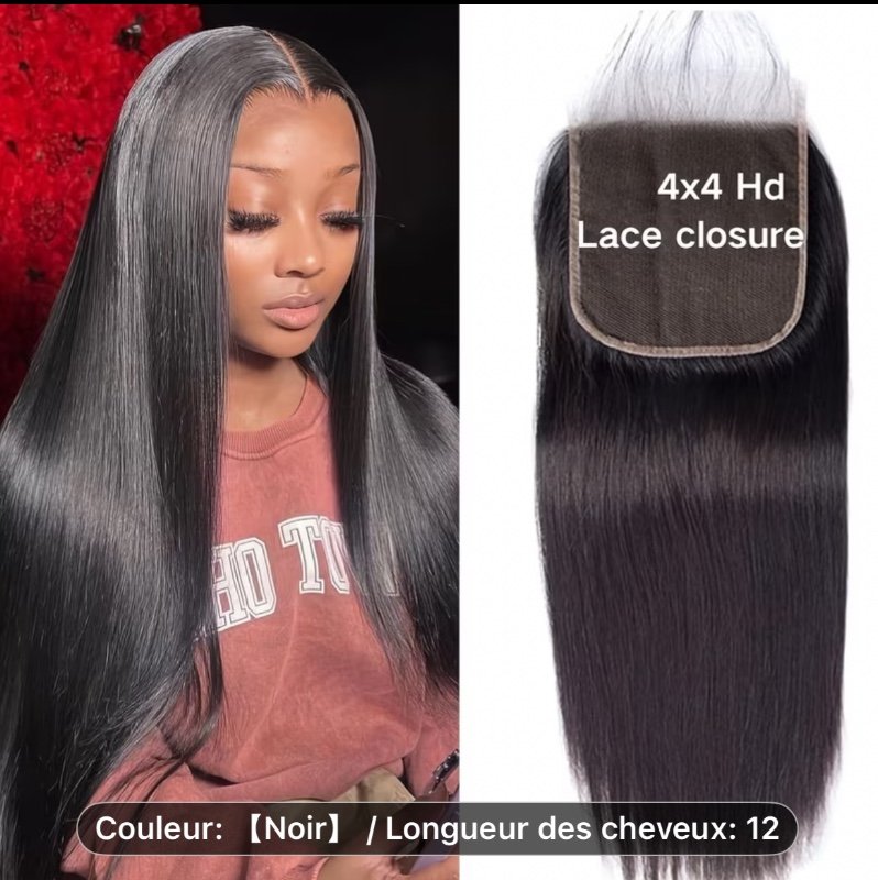 4X4 Fermeture en Dentelle Cheveux Humains Raides, Cheveux Vierges Brésiliens, Cheveux Libres, Pré-pincés avec des Cheveux de Bébé et une Ligne de Cheveux Naturelle dans une Teinte Noire Naturelle