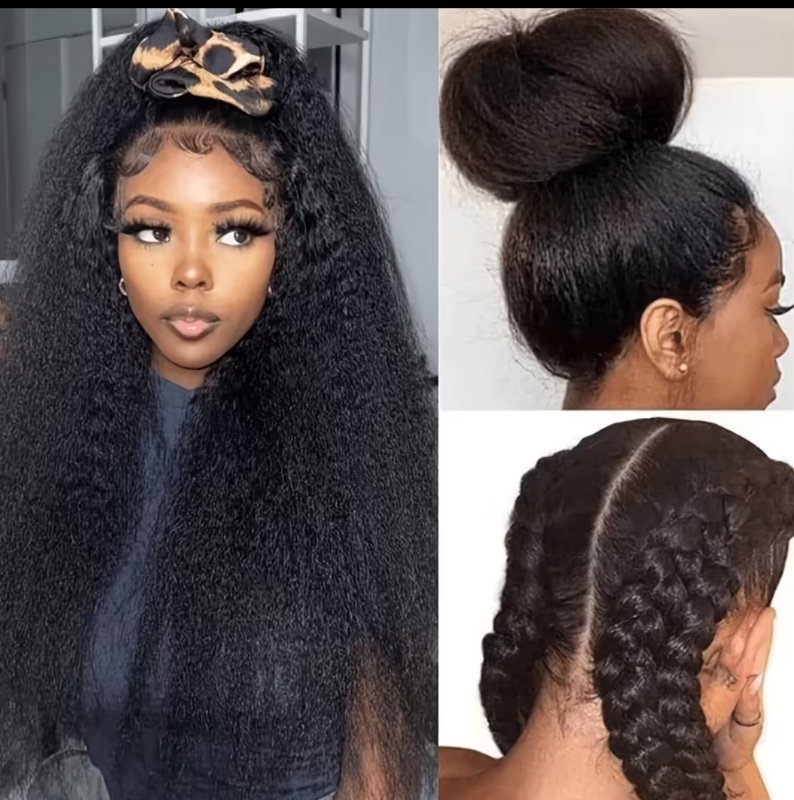 Perruques Sans Colle Prêtes à Porter Yaki Kinky Straight en Cheveux Humains Pré-Épilées et Pré-Coupées avec Fermeture en Dentelle 4x4 Densité 180% Perruques Kinky Straight Sans Colle en Cheveux Humains pour Femmes Noir Naturel