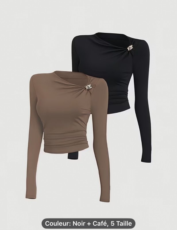2pcs Haut à manches longues avec boucle décorative asymétrique en métal
