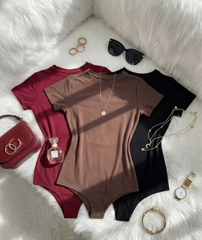 Ensemble 3 pièces pour femme Printemps/Été, body tendance et  de style européen et américain, couleur unie, col rond, manches courtes, YTD