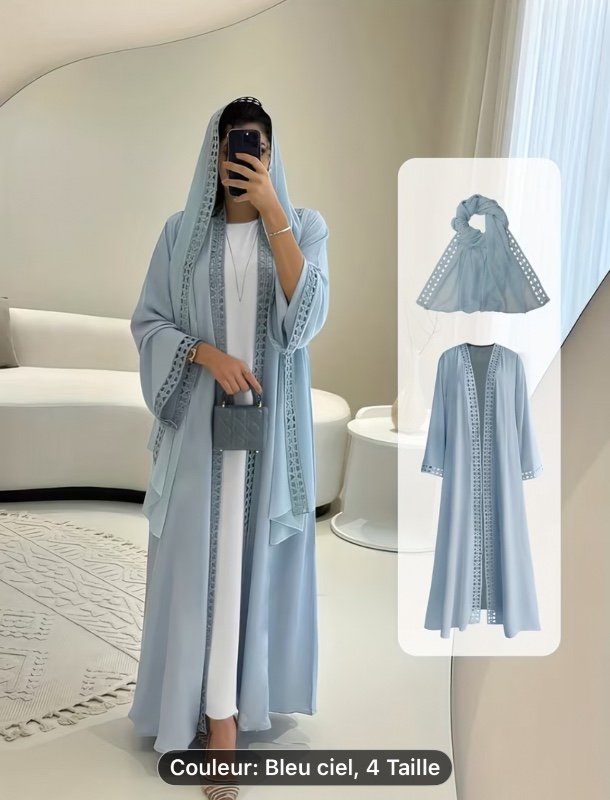 Ensemble Abaya Ouverte Léger et Modeste avec Détails en Dentelle et Foulard en Mousseline, Parfait pour le Printemps et l'Été