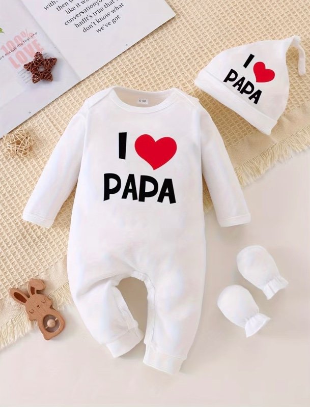 Grenouillère Bébé "J'aime Papa, J'aime Maman" Ensemble 3 Pièces Automne Hiver + Bonnet + Gants, pour Extérieur