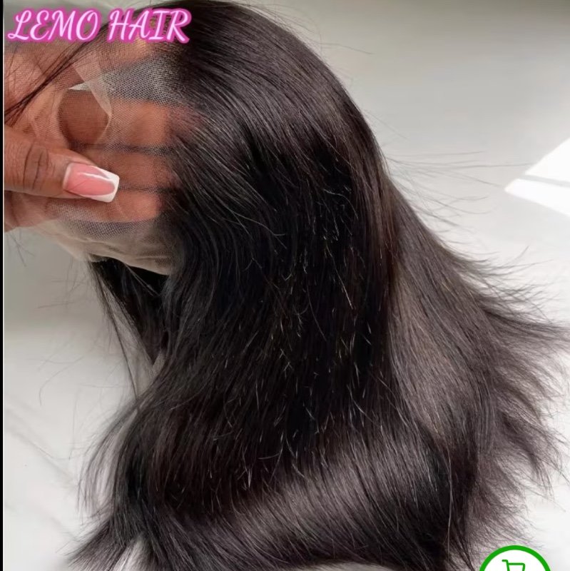 Perruque en Cheveux Humains Vierges Brésiliens Originaux - Dentelle Frontale Sans Colle, Perruque Courte Droite 13x4 Adaptée à Tous Types de Peau, Densité 200% avec Ligne de Cheveux Bébé Pré-éclaircie - Pour Débutantes, Perruques en Cheveux Vierges Brésil