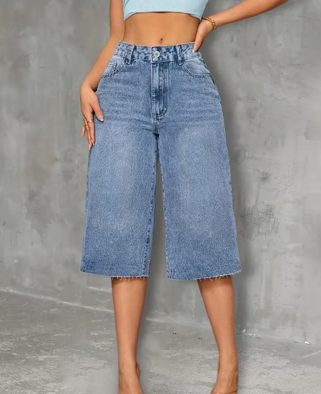 Jeans élégants bleus pour femmes, larges, croppés et extensibles