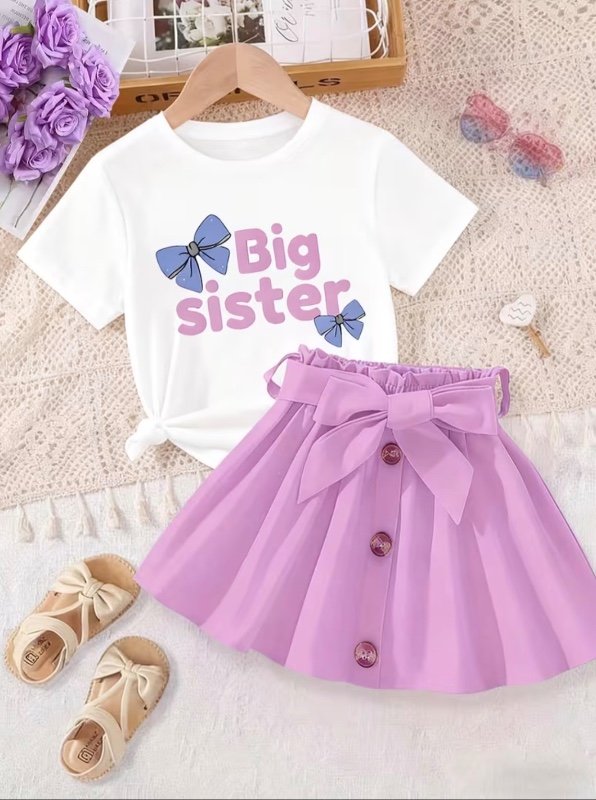 1 Ensemble Cadeau Printemps/Été pour Filles, T-Shirt Manches Courtes Col Rond Imprimé Cartoon avec Jupe à Nœud