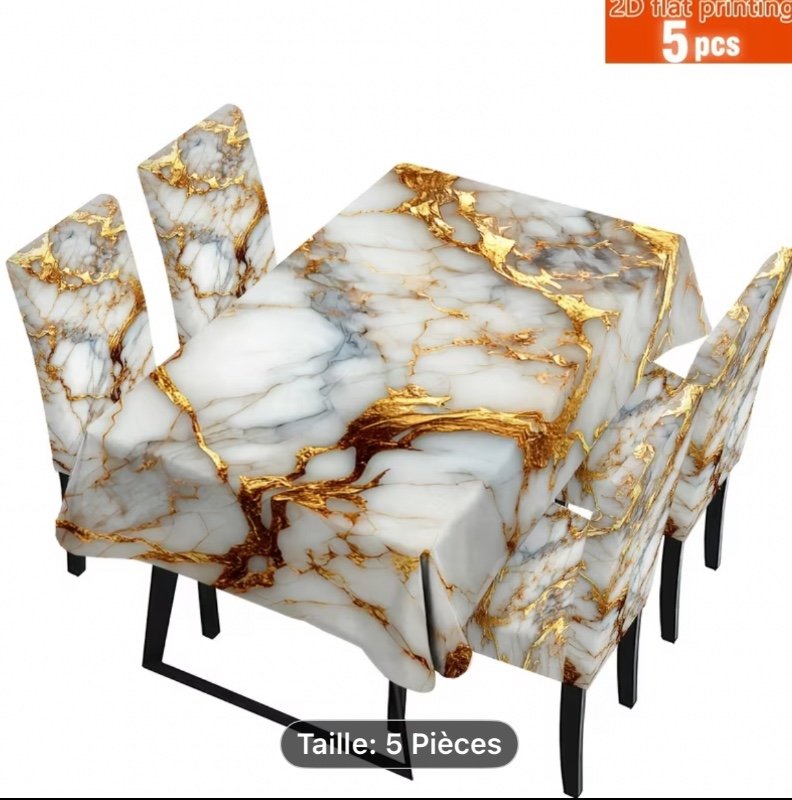 Ensemble de 5 pièces : Nappe rectangulaire imprimée 2D à texture élégante et magnifique de marbre blanc plaqué or + housses de chaise. Nappe entièrement en tissu peau de pêche , housses de chaise amovibles et lavables. Convient pour les salles à manger, s