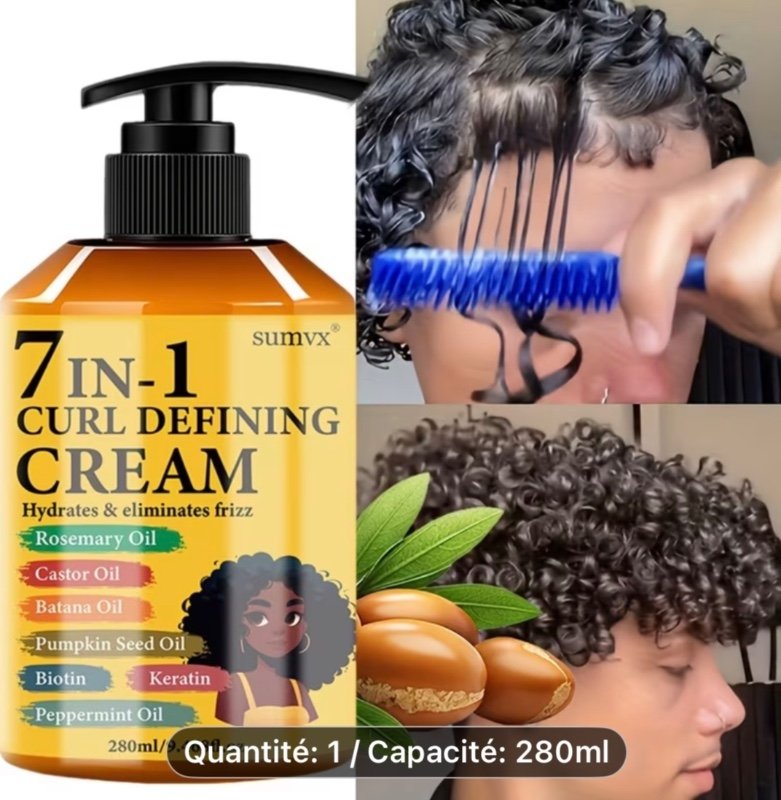 Crème à boucler Sept-en-Un de 270 grammes | Crème hydratante pour boucler les cheveux pour adultes | 1 flacon, Tenue longue durée, Contrôle des frisottis, Non grasse, Coiffure, Convient aux cheveux lisses, ondulés et bouclés, Design de bouteille élégant,