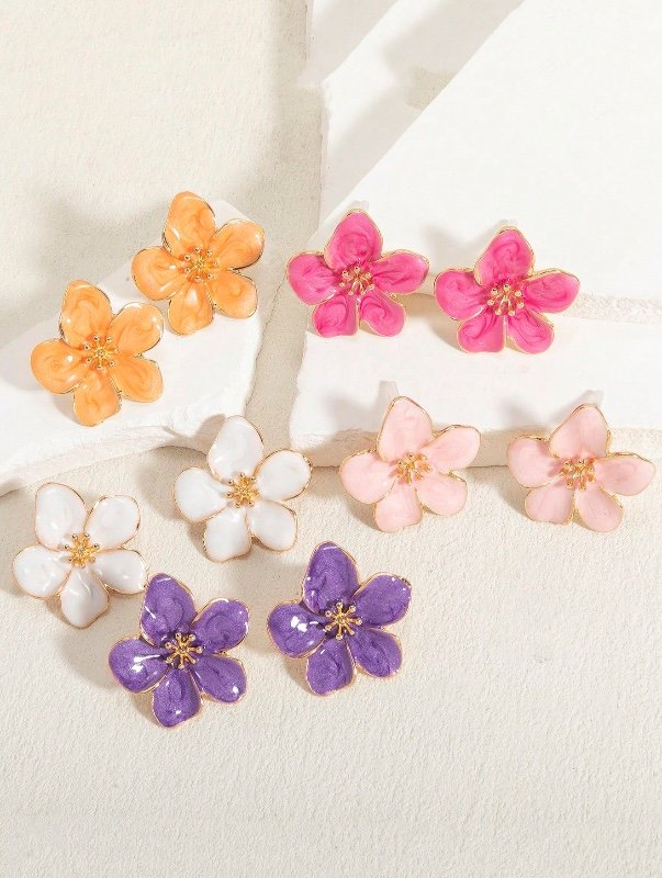 1 paire de boucles d'oreilles puces en émail blanc, rose, rouge rosé et orange à 5 pétales, chics, élégantes et charmantes, pour femme, idéales pour le printemps/été au quotidien ou en vacances