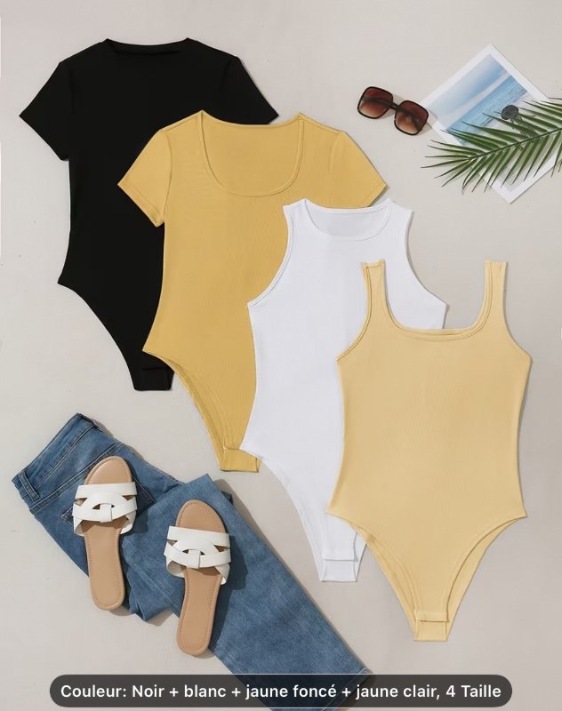 4pcs Débardeur à bretelles sans manches pour femmes, printemps et été, col rond, col en U, couleur unie multicolore, doux, confortable, coupe slim, petite fente, combinaison, haut moulant