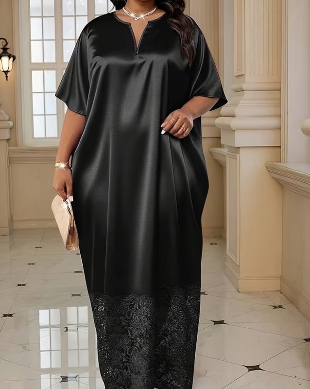 Grande Taille - Grande Taille - Grande Taille Robe de Cérémonie Élégante en Dentelle avec Col en V pour Invitée de Mariage, Robe Longue de Soirée Formelle et Tendance
