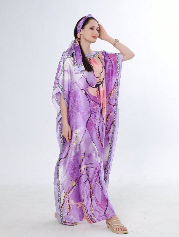 1 pièce - Peignoir kimono ample en fausse soie imprimée graffiti violet pour femme.
