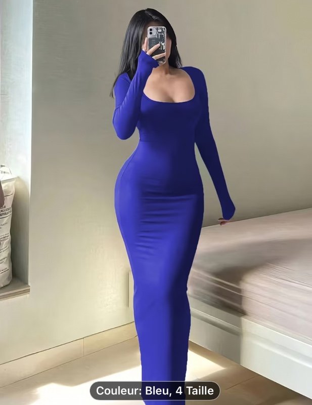 Robe d'automne pour femmes, coupe slim, extra-longue, avec manches longues, encolure carrée et une silhouette sexy en A