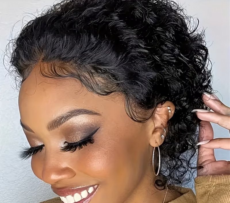 Perruque Frontale en Dentelle Aspect Naturel Femme - Frontale Dentelle 13X1, Bob Pixie Bouclé Volumineux, Haute Densité 150%, Coiffure de Tous les Jours et Occasions Spéciales - Perruques en Cheveux Humains Brésiliens, Solution de Cheveux Élégante, Style