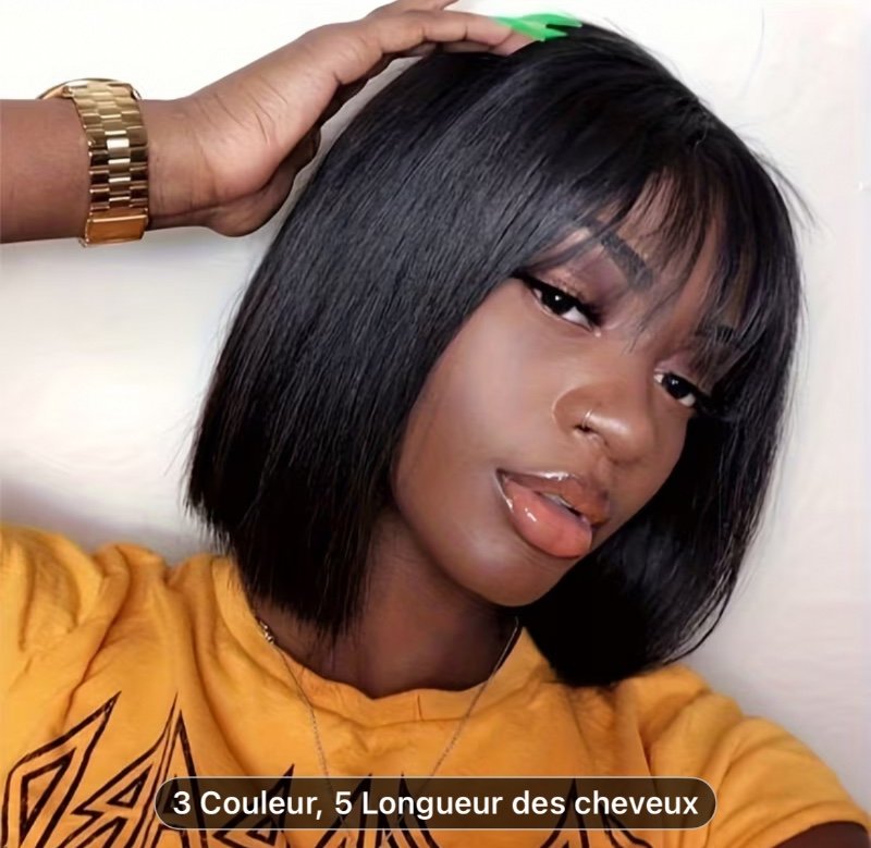 Perruques Courtes en Cheveux Humains avec Frange, Droites Brésiliennes et Complètes Fabriquées à la Main pour Femmes, Densité de 150%