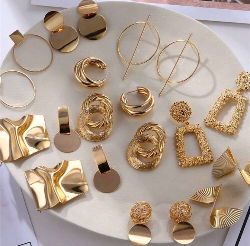 12 pièces/set Ensemble de boucles d'oreilles géométriques dorées pour femmes, styles assortis, livraison aléatoire
