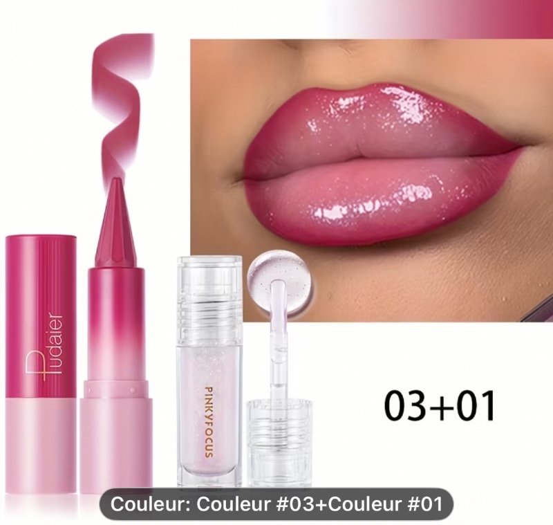 Combo Lèvres 2 pièces - Gloss à Lèvres & Crayon à Lèvres - Longue Tenue, Facile à Appliquer et à Retirer, Brillant et Éclatant, Adapté à Tous Types de Peau