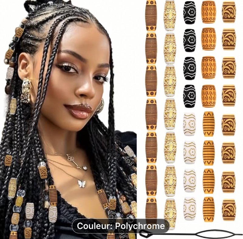 CECILLIA WIG 38pcs Perles de cheveux en bois pour tresses, perles de bijoux pour dreadlocks, formes variées pour la décoration des cheveux, convient aux femmes et aux hommes, Style-3