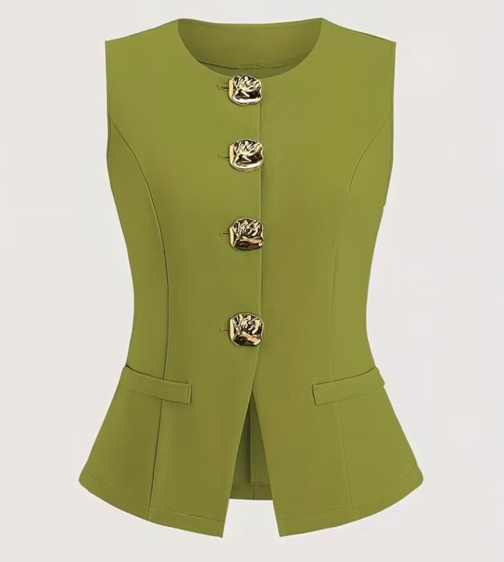 Blazer Femme Basique Style Français à Boutons Métalliques Sans Manches Léger