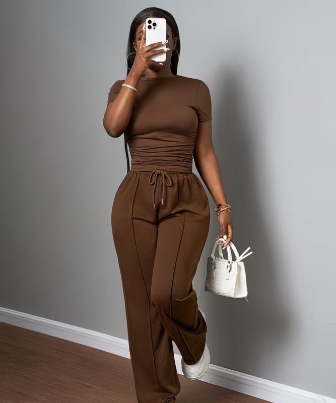 Ensemble Pantalon à Jambe Large et Amincissant avec Cordon pour Femmes, Nouvelle Mode Printemps-Été