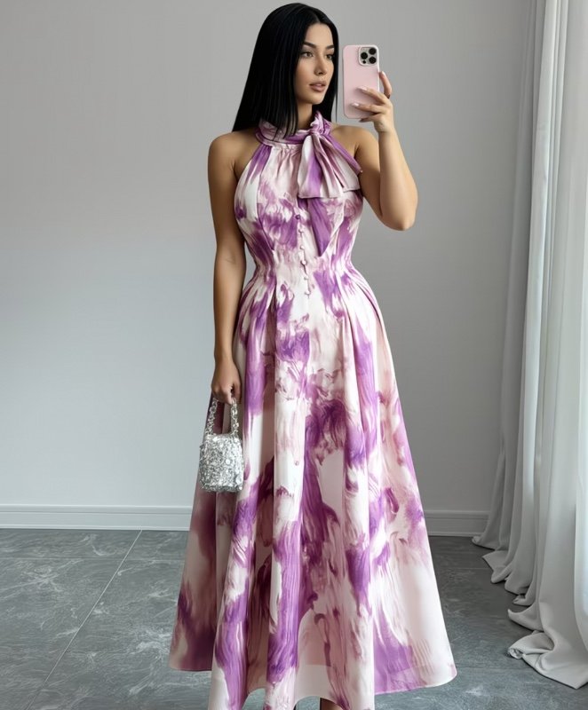 Robe hawaiienne pourpre à col droit et ceinture nœud, opaque, pour bal de promo, remise de diplôme, mariage plage, thé, tenue modeste, lavable en machine