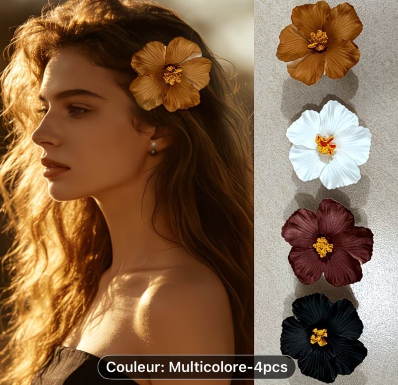 4pcs Femmes Noir, Blanc, Marron 3.94Pouces/10Cm Mignonnes et Jolies Pinces à Cheveux Fleur, Tendance, Élégantes, Polyvalentes, Style Facile, Convient pour le Quotidien, les Fêtes, les Trajets, les Vacances - Peut Être Utilisées pour le Coiffage, le Shampo